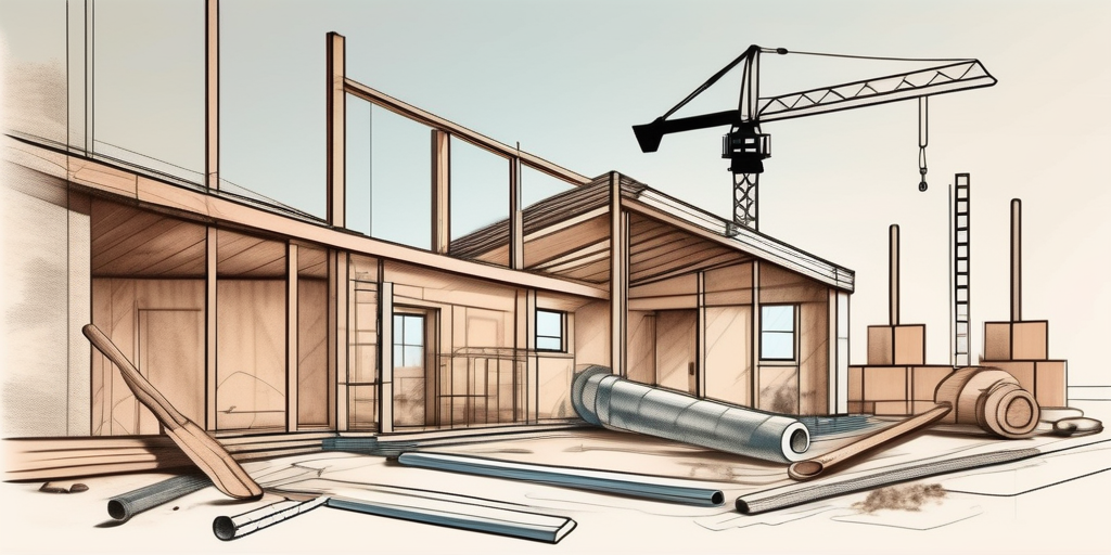 A construction site with various tools and blueprints
