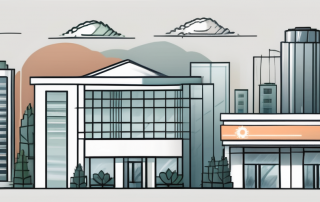 Various business buildings with a symbolic representation of different types of loans