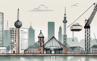 A detailed cityscape of düsseldorf with iconic landmarks and a few construction cranes