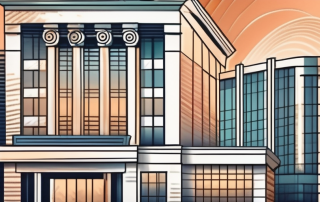 A bank building with a glowing certificate of financial approval emerging from it