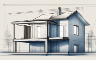 A house under construction with a ballot box and a blueprint