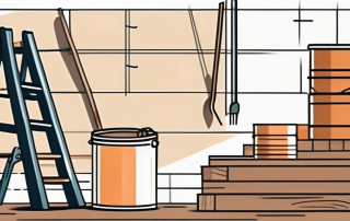 An interior construction scene with various tools and materials