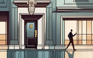 A key being inserted into a lock of a stylized apartment door