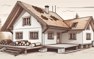 A traditional bavarian house under construction with various building materials and tools scattered around