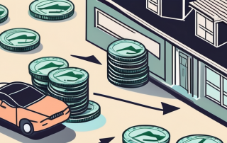 A pile of coins and banknotes with a downward arrow