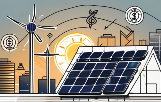 A solar panel installation on a rooftop with a sun shining down on it