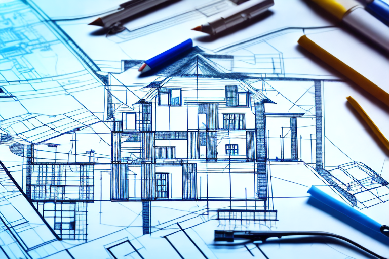 A house under construction with blueprint plans and a symbolic bank in the background