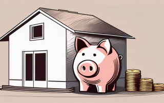 A house under construction with a piggy bank next to it to represent the saving phase in a home savings contract