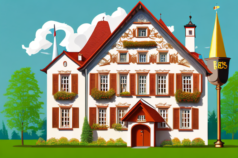 A traditional bavarian house with a 'sold' sign in the yard