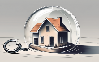 A house with a solid foundation and a key inside a protective bubble