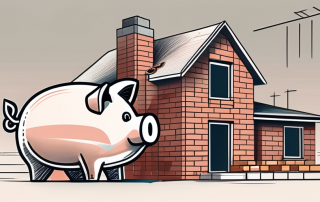 A traditional brick house under construction with a piggy bank next to it