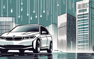 A bmwi vehicle with a background of various business establishments