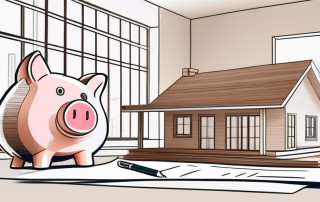 A house under construction with a piggy bank and a contract on a table in the foreground
