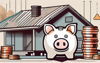 A house under construction with a piggy bank and stacks of coins in the foreground