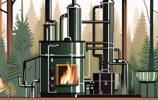 A modern wood gasifier system with various types of wood and a backdrop of a lush forest