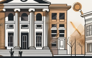 Various bank buildings with a magnifying glass hovering over them