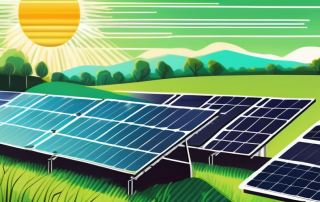 A photovoltaic solar panel system set against a backdrop of a green field and a bright sun