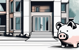 A house under construction with a piggy bank and calculator nearby