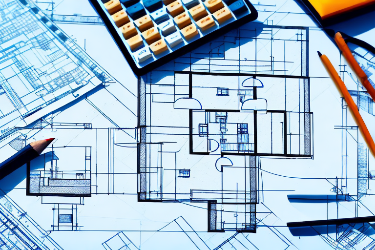 A house under construction with a blueprint and a calculator nearby