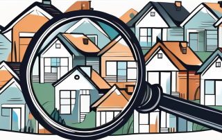 A variety of houses with a magnifying glass over them