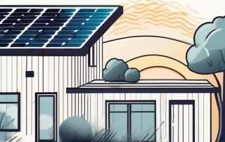 A sunny landscape with a house equipped with photovoltaic solar panels on the roof and a symbol indicating financial support or benefits