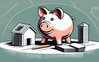 A house under construction with a piggy bank and a contract on a table in the foreground