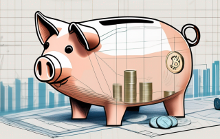 A piggy bank sitting on top of architectural blueprints