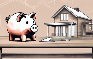 A house under construction with a piggy bank and a contract on a table in the foreground