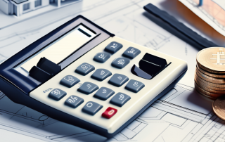 A calculator sitting on top of architectural blueprints