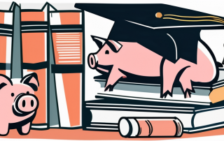 A stack of books next to a graduation cap and a piggy bank
