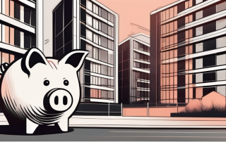 A modern apartment building with a piggy bank on the foreground