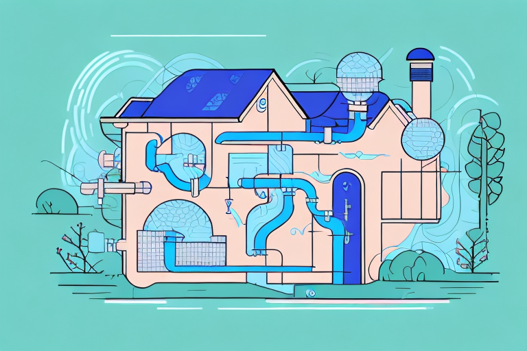 A house with visible pipelines connected to a large water source