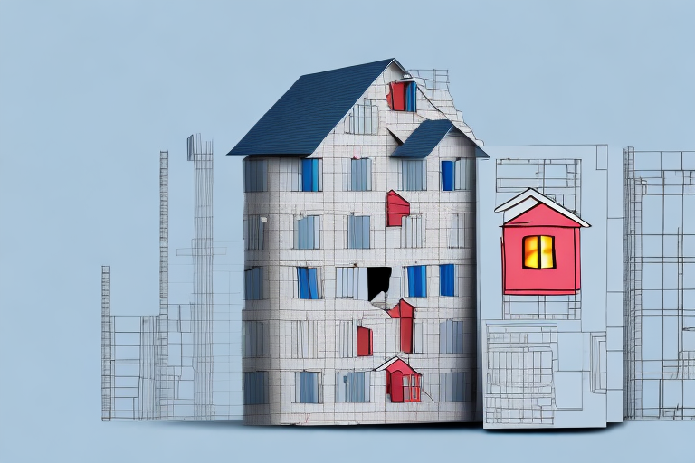 A two-family house under construction with visible price tags on various building materials to represent the costs involved