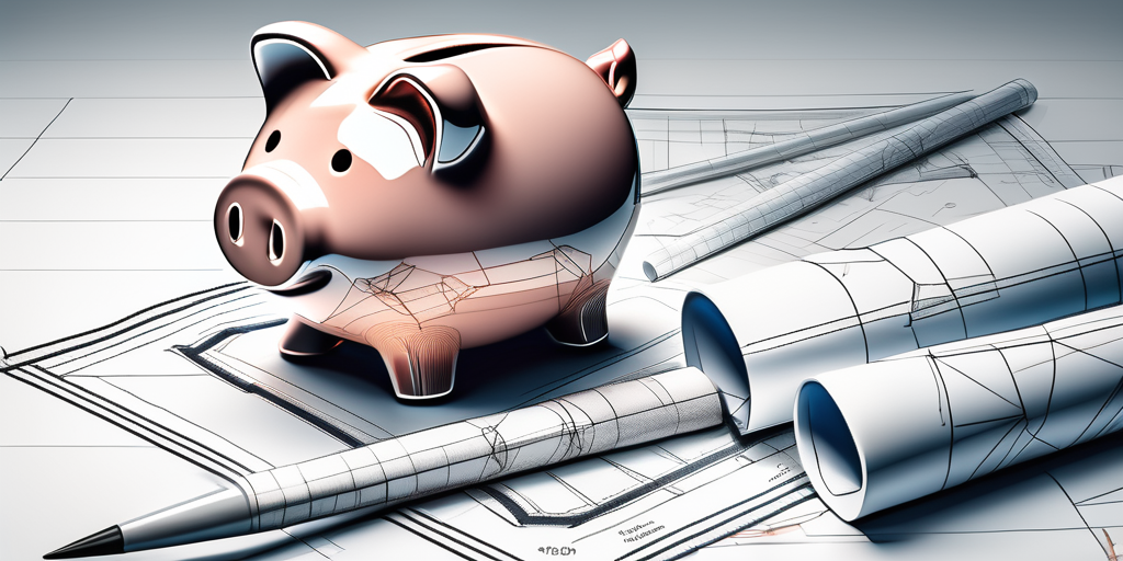 A piggy bank sitting on top of blueprints for a house