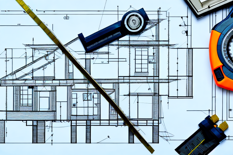 A house under construction with measuring tools like a blueprint