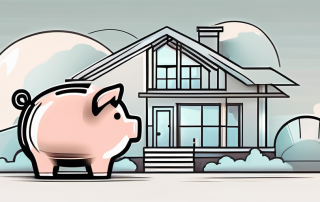 A dream house with a symbolic piggy bank and a construction helmet