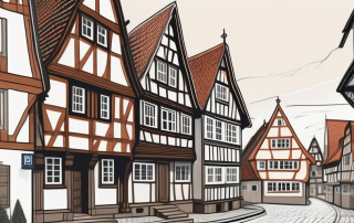 A picturesque view of hildesheim's iconic half-timbered houses with a blueprint and a calculator in the foreground