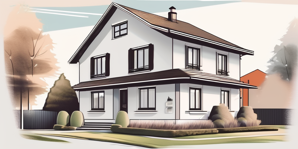 A charming traditional german house with a large 'for sale' sign in the front yard