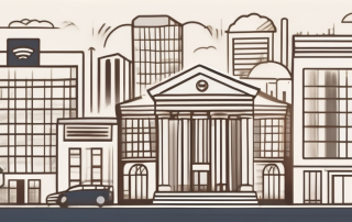 A variety of bank buildings and online banking symbols