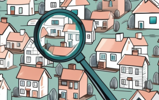 A magnifying glass hovering over a collection of miniature houses