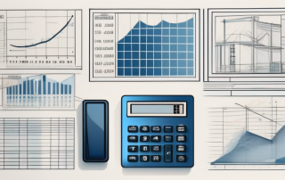 A variety of architectural blueprints and a calculator