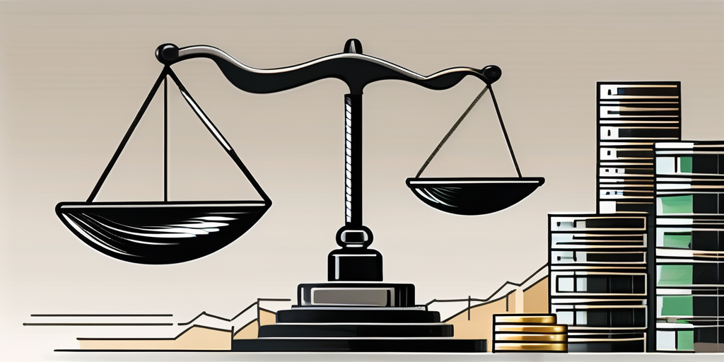 A scale balancing a pile of money and a business building