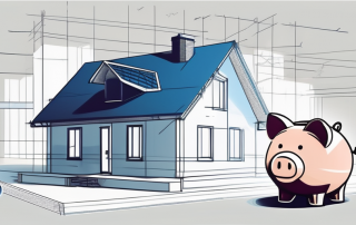 A house under construction with a blueprint and a piggy bank