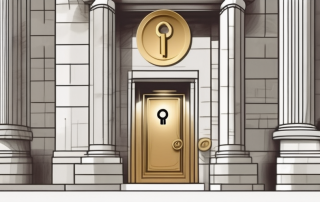 A bank building with a large keyhole on its facade