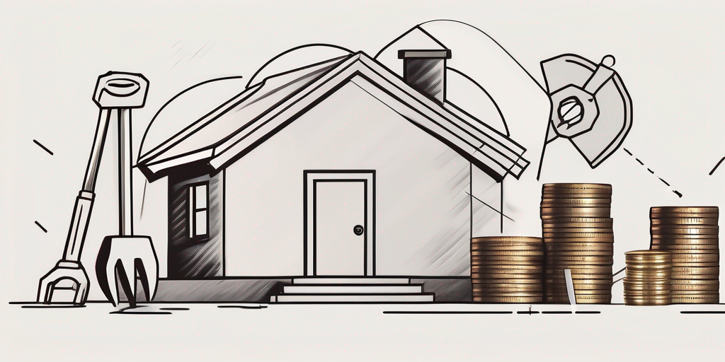 A house under construction with various tools around it and a piggy bank filled with coins nearby