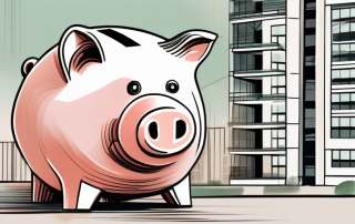 A german residential building under construction with a piggy bank in the foreground to represent the housing construction premium payout