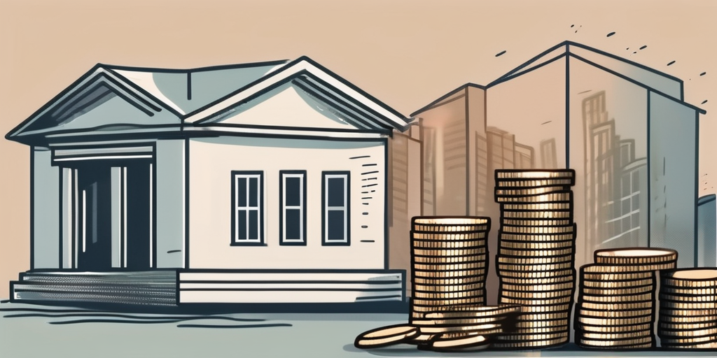 A business building with a scale tipping towards a pile of coins