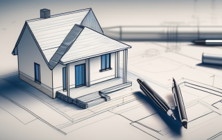 A house under construction with a blueprint and a pen nearby