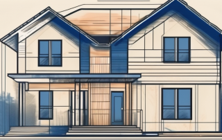 A house under construction with a blueprint and a government stamp