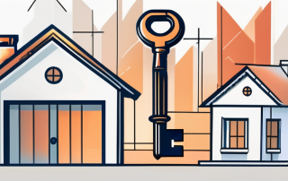 A house with a large key next to it and a financial graph in the background